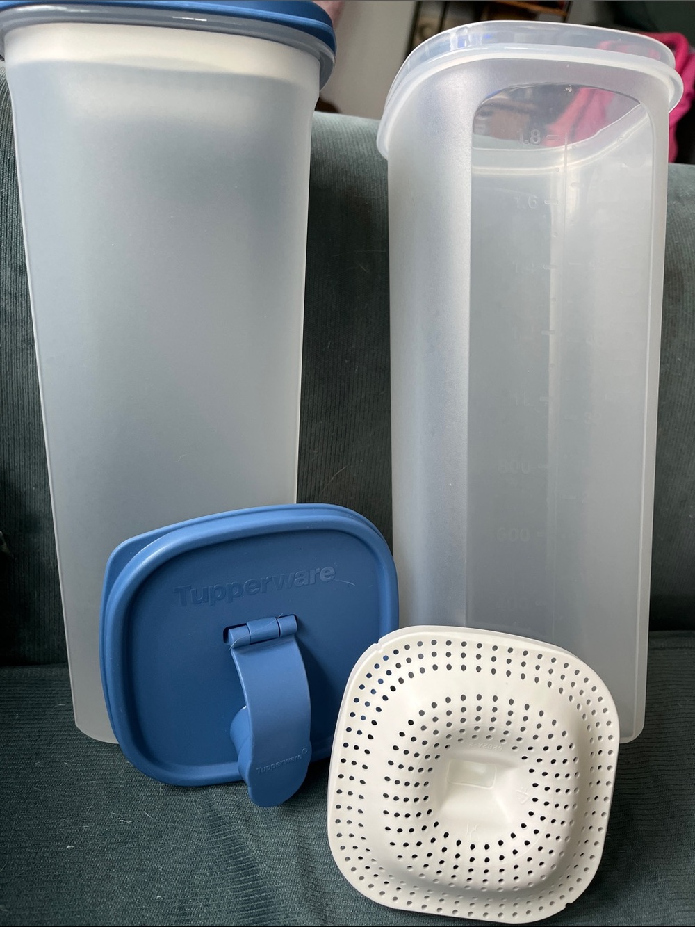 Tupperware Clear Storage Jugs with Blue Lids and White Strainer